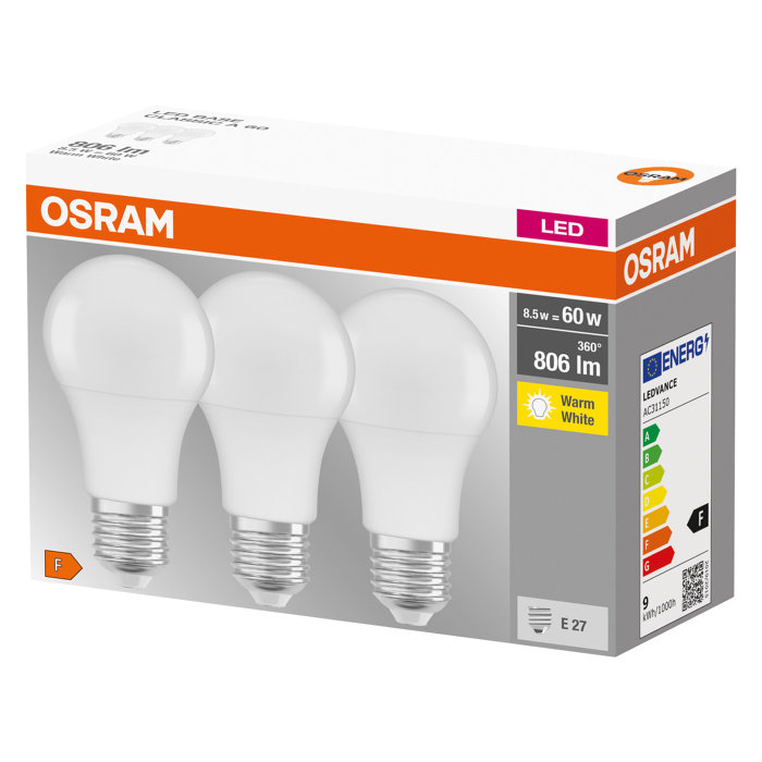 Osram LED standardpære E27 8,5 W 3-pk.